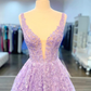 V Neck Purple Lace Long Prom Dress, Lilac Lace Formal Dress, Purple Evening Dress     S1370