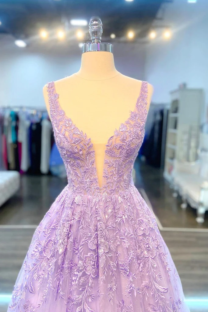 V Neck Purple Lace Long Prom Dress, Lilac Lace Formal Dress, Purple Evening Dress     S1370