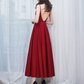 A-LINE SATIN BURGUNDY PROM DRESS, BURGUNDY TEA LENGTH BRIDESMAID DRESS     S1358