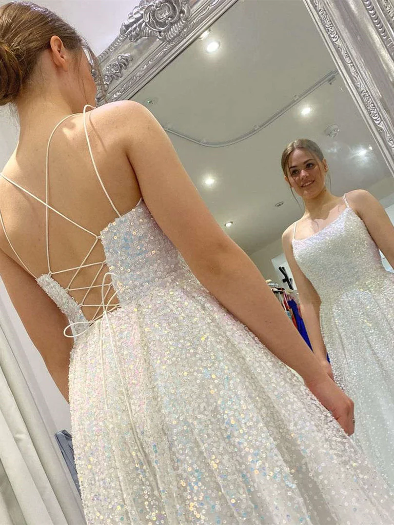 Shiny Sequins Open Back Ivory Long Prom Dresses, Sparkly Ivory Formal Graduation Evening Dresses      S1092