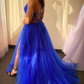Blue tulle long prom dress A line evening dress   S848