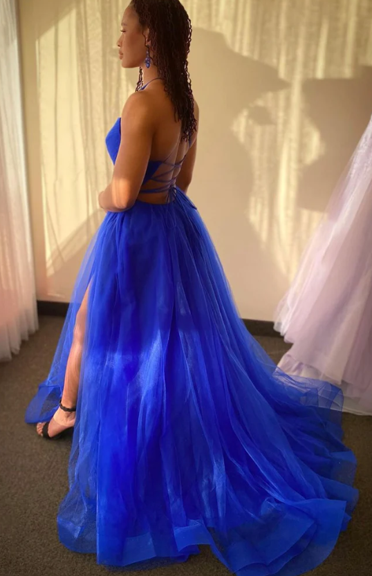 Blue tulle long prom dress A line evening dress   S848