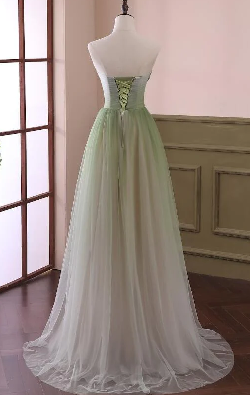 Light Green Gradient Tulle Long Formal Dress, Green Beaded Sweetheart Prom Dresses      S1038