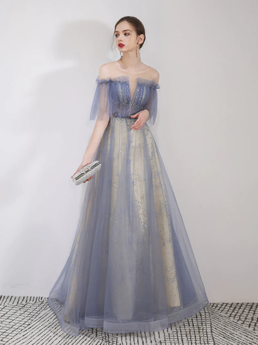 A-LINE TULLE BLUE LONG PROM DRESSES, SEQUIN LONG GRADUATION DRESS    S1361