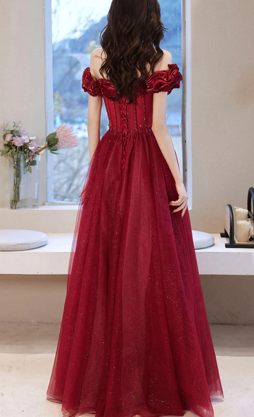 Burgundy Tulle Prom Gown Evening Dress     S875