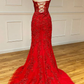 Burgundy lace long prom dress mermaid evening dress      S836