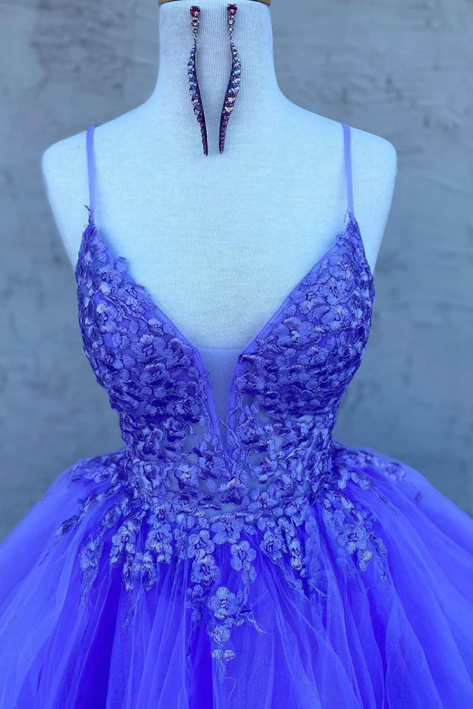 High Low V Neck Purple Lace Long Prom Dress, Lilac Lace Formal Dress, Purple Evening Dress      S1367