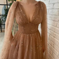 Brown Sequin Maxi Dress with Cape/ Star Tulle Dress/ Fairy Prom Starry Mesh Dress    S1216