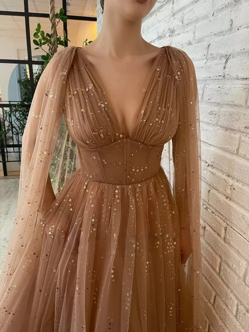 Brown Sequin Maxi Dress with Cape/ Star Tulle Dress/ Fairy Prom Starry Mesh Dress    S1216