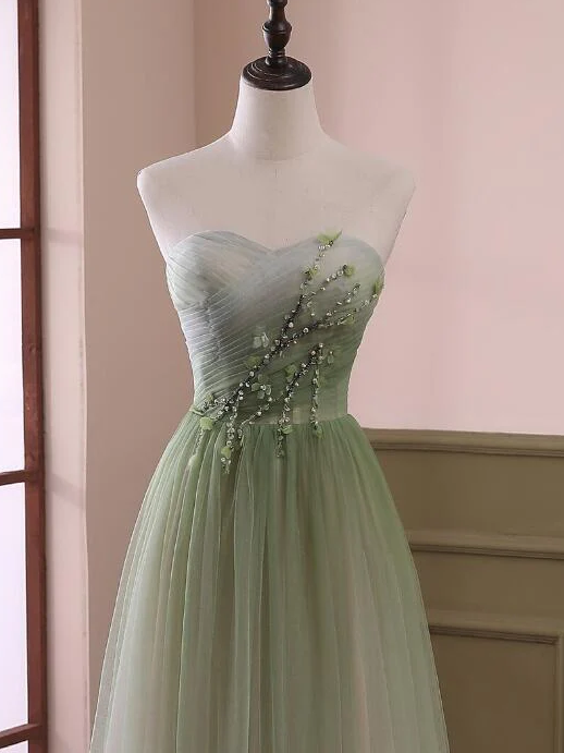 Light Green Gradient Tulle Long Formal Dress, Green Beaded Sweetheart Prom Dresses      S1038