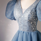 A-LINE V NECK BLUE SHORT PROM DRESS, BLUE HOMECOMING DRESS WITH SEQUIN     S1363