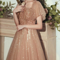 A-Line Glittering Elegant Wedding Guest Formal Evening Dress Scoop Neck Short Sleeve Floor Length Tulle with Pleats Sequin    S1234