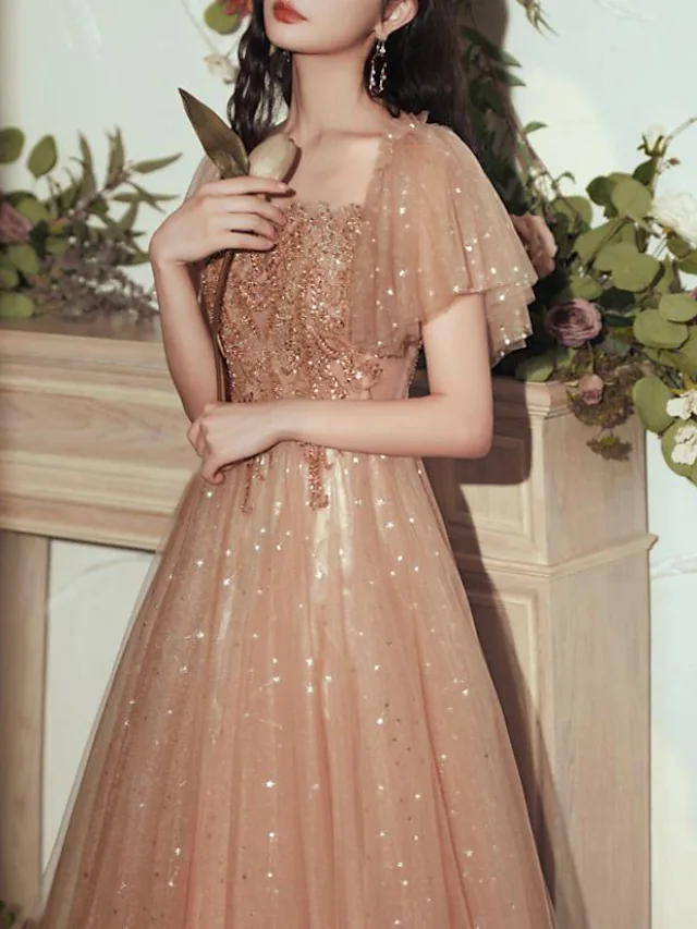 A-Line Glittering Elegant Wedding Guest Formal Evening Dress Scoop Neck Short Sleeve Floor Length Tulle with Pleats Sequin    S1234