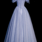 Blue tulle beaded long ball gown A-line formal gown      S838