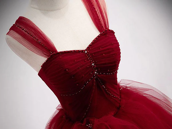 Burgundy Sweetheart Tulle Long Prom Dress, Burgundy Evening Dress     S1895