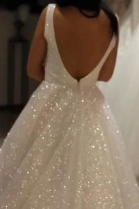 Shiny Ivory Sequins V Neck Backless Straps Wedding Dresses, Beach Bridal Dresses      S1299