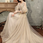 CHAMPAGNE A LINE TULLE LACE LONG PROM DRESS, LACE FORMAL GRADUATION DRESS      S1349