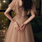 A-Line Glittering Elegant Wedding Guest Formal Evening Dress Scoop Neck Short Sleeve Floor Length Tulle with Pleats Sequin    S1234