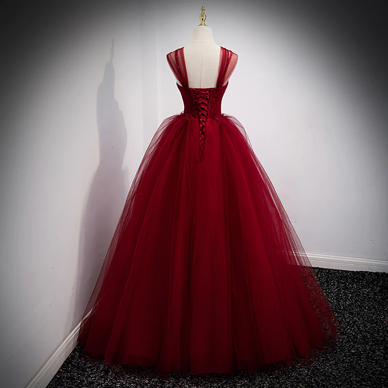 Gorgeous Wine Red Ball Gown Beaded Sweetheart Long Formal Dress, Dark Red Sweet 16 Dresses       S2126