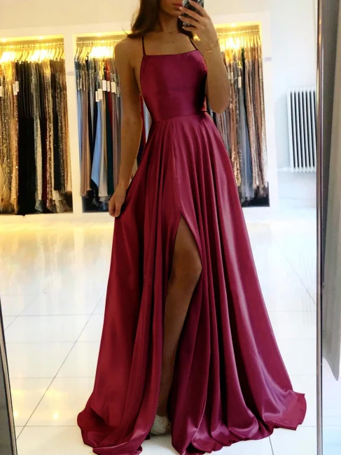 Simple Long Evening Dress Spaghetti Straps Prom Dresses With Slit    S1752