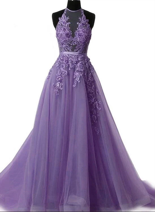 Light PurpleHalter Neck Lace Prom Dress With Sweep Train, Backless Evening Gowns    S1967