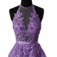 Light PurpleHalter Neck Lace Prom Dress With Sweep Train, Backless Evening Gowns    S1967