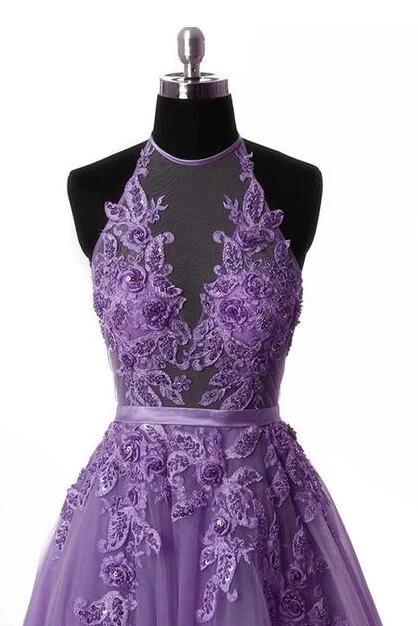 Light PurpleHalter Neck Lace Prom Dress With Sweep Train, Backless Evening Gowns    S1967