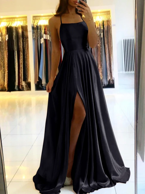 Simple Long Evening Dress Spaghetti Straps Prom Dresses With Slit    S1752