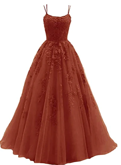 Burnt orange spaghetti strap prom dress, long tulle lace appliquéd women's party dress    S2032