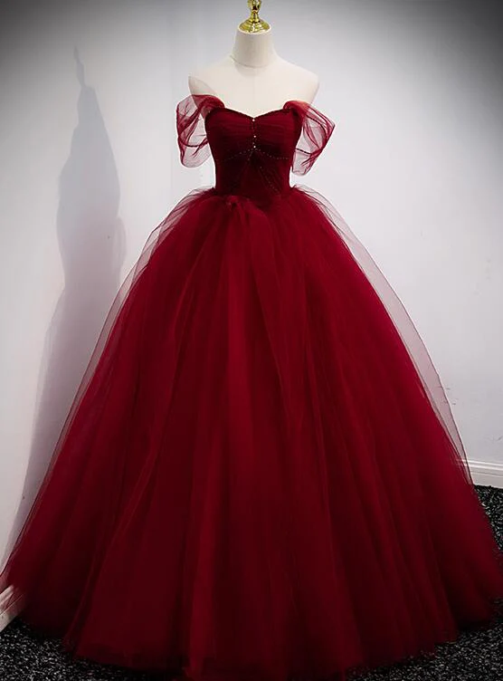 Gorgeous Wine Red Ball Gown Beaded Sweetheart Long Formal Dress, Dark Red Sweet 16 Dresses       S2126