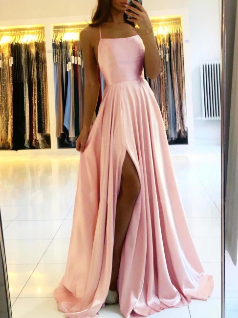 Simple Long Evening Dress Spaghetti Straps Prom Dresses With Slit    S1752