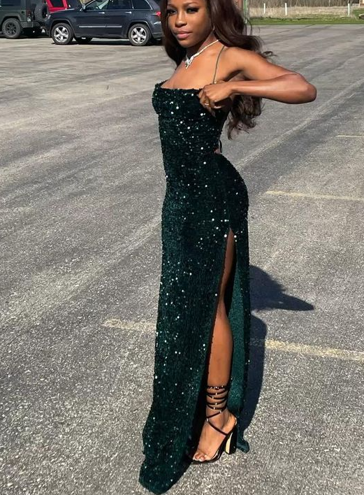 Charming Mermaid Green Sequins Prom Dress With Side Slit    S2469