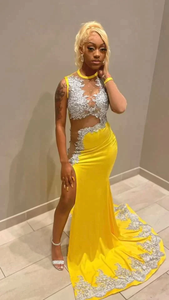 black girl yellow lace evening dresses,silver lace prom dresses, sexy evening dresses     S2488