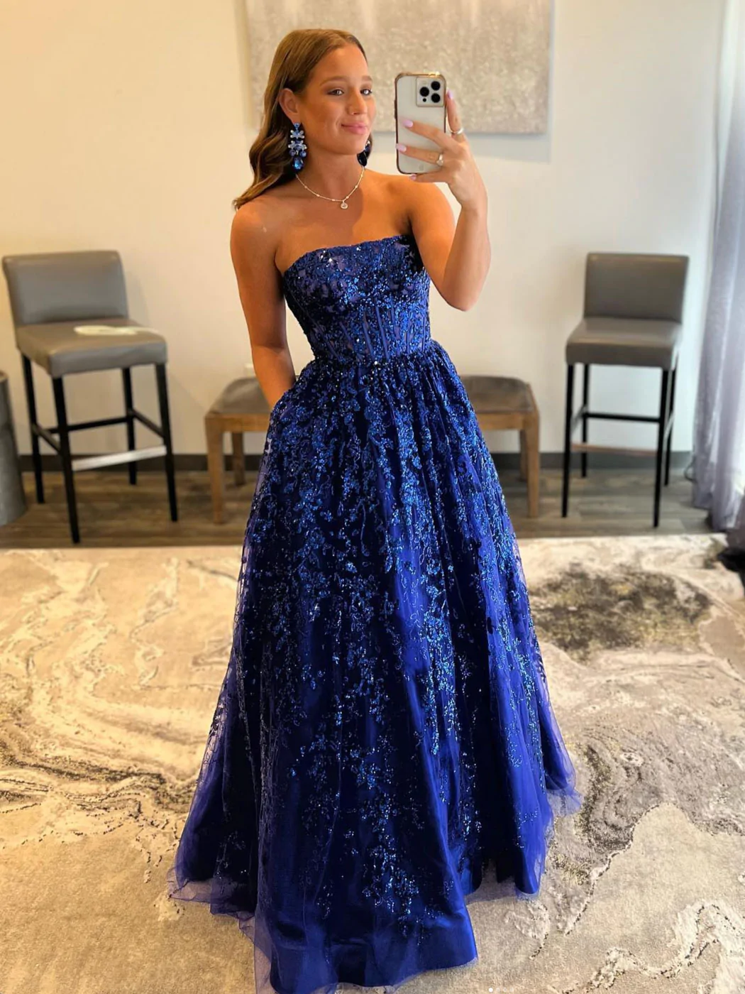 Blue A line tulle sequin long prom dress, blue tulle evening dress        S2498