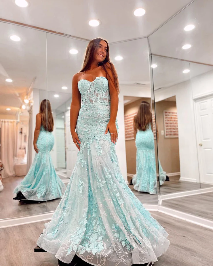 Cute Mermaid Sweetheart Mint Lace Long Prom Dresses    S2461