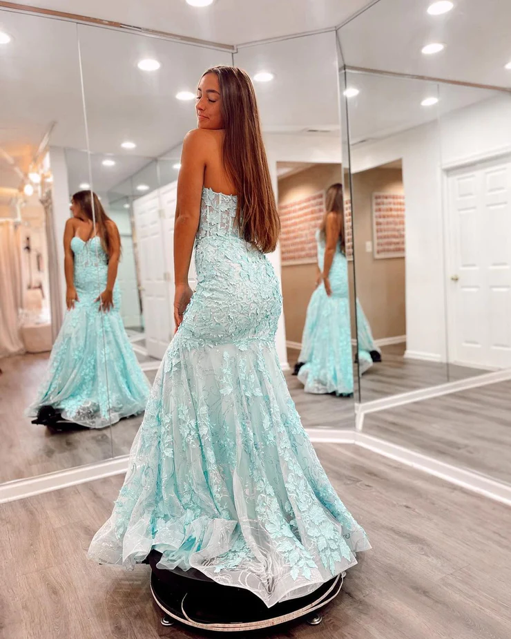 Cute Mermaid Sweetheart Mint Lace Long Prom Dresses    S2461