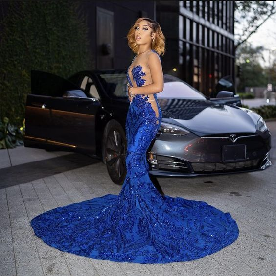 Sparkly Royal Blue Mermaid Long Prom Dress With Train Sexy Evening Dresses     S2487