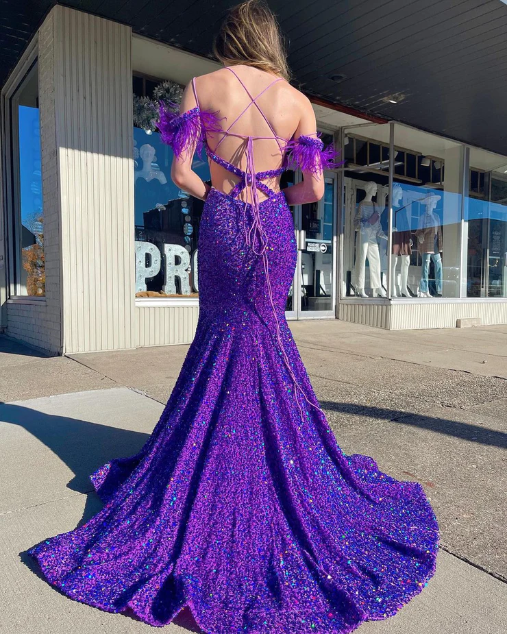 Charming Mermaid Purple Sequins Long Prom Dresses with Feather    S2478