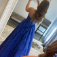 Blue A line tulle sequin long prom dress, blue tulle evening dress        S2498