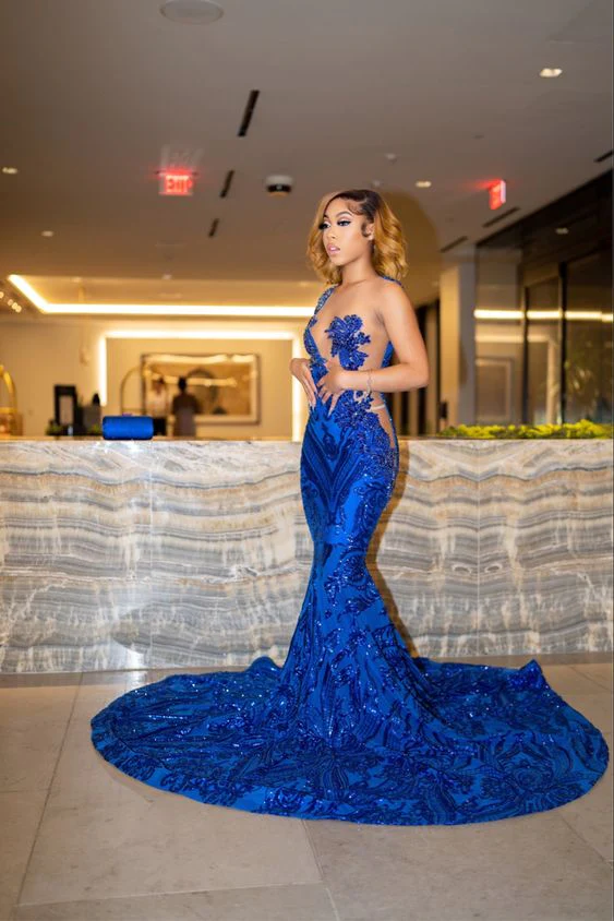 Sparkly Royal Blue Mermaid Long Prom Dress With Train Sexy Evening Dresses     S2487