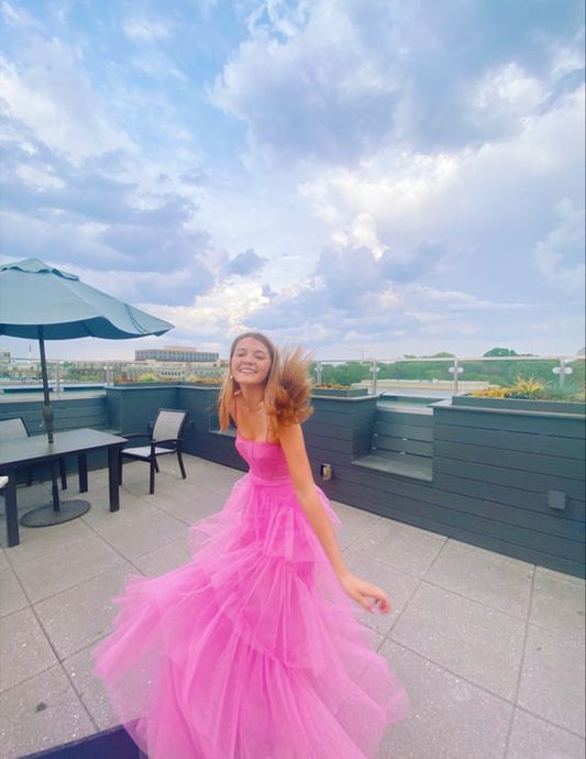 Hot Pink Tulle Spaghetti Straps Prom Dress, Floor Length Tulle Formal Dress    S864