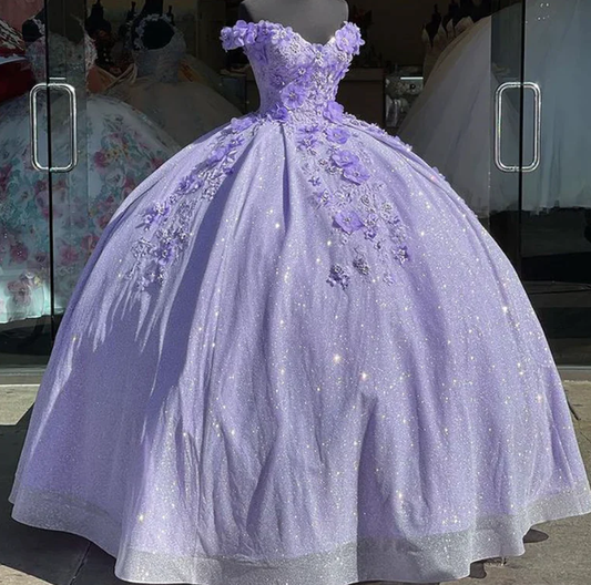 Lavender Ball Gown Off The Shoulder Prom Dress With 3D Flowers    S603