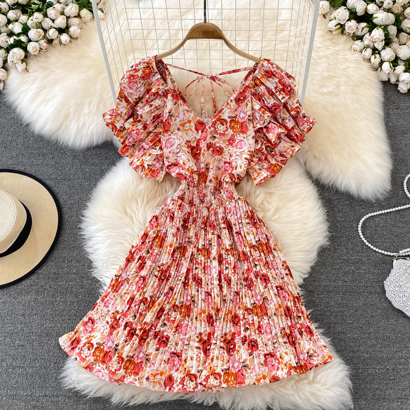 Cute v neck floral dress A line short dress   S445