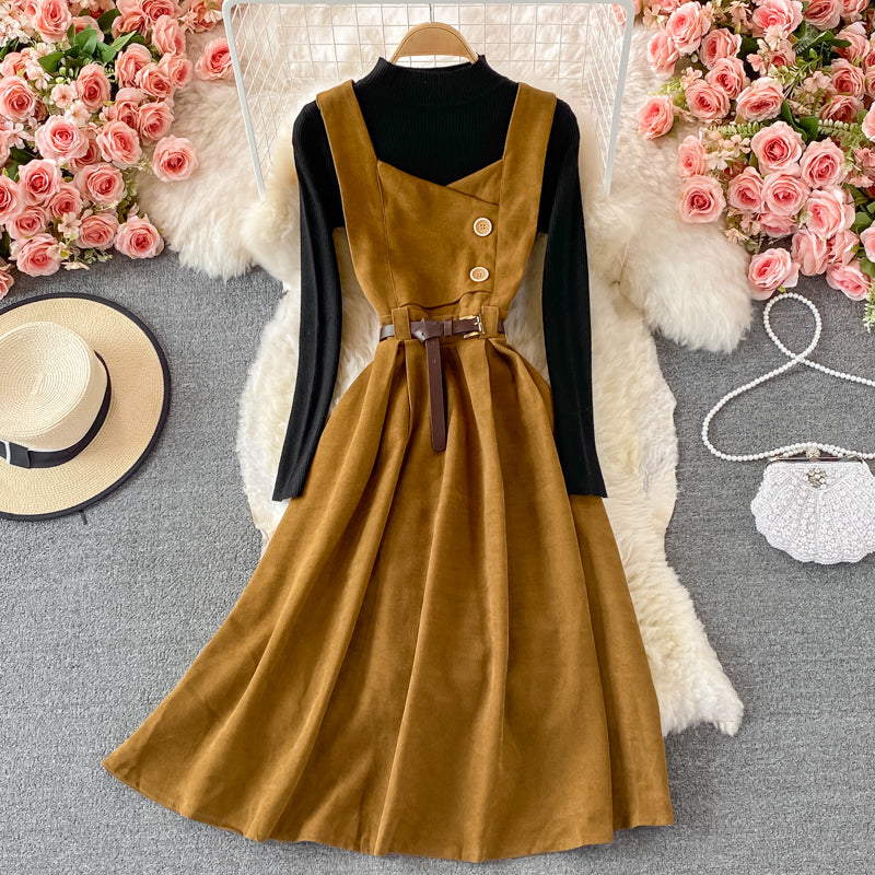 Retro suspender skirt, waist and corduroy dress, two-piece stand-up collar knitted bottoming shirt  S88