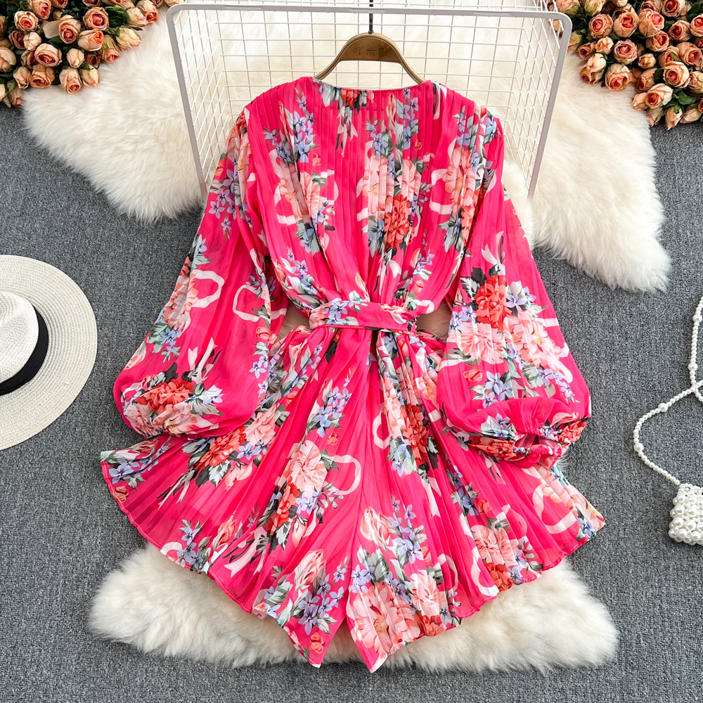 Cute v neck floral long sleeve jumpsuit fashion jumpsuit     S202