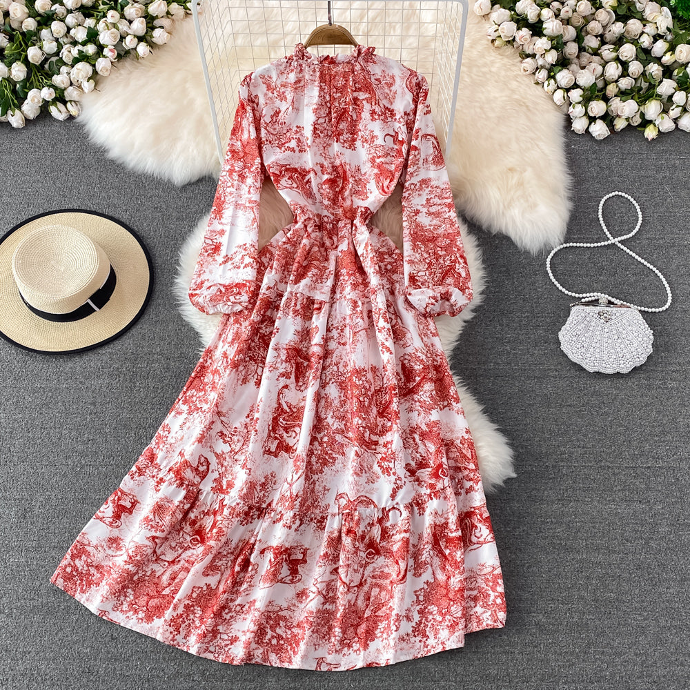 A line long sleeve floral dress fashion dress    S264