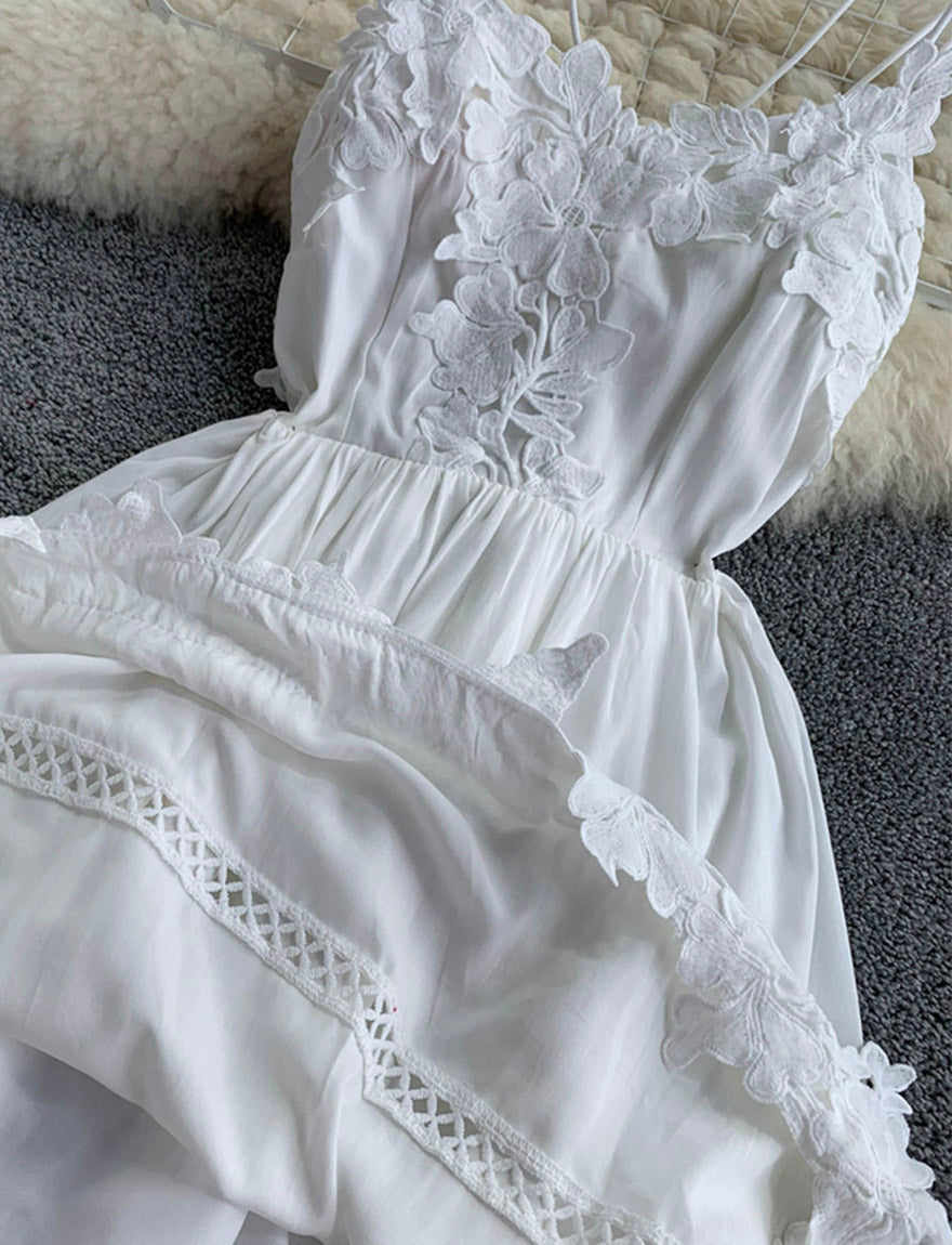 White lace applique backless dress girl dress   S72