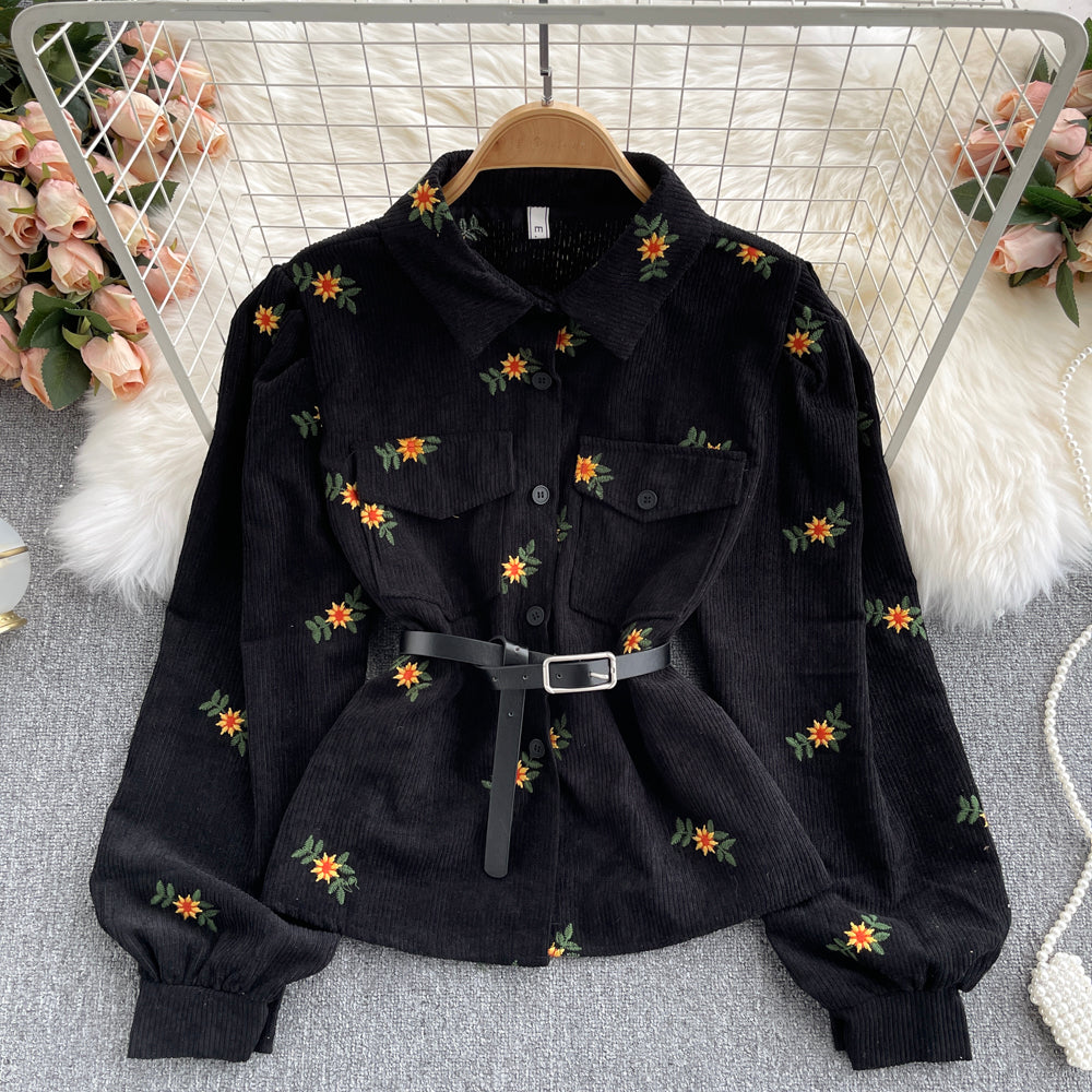 Lovely corduroy embroidered long-sleeved shirt    S517