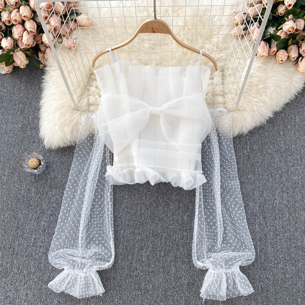 Cute tulle bow long sleeve tops crop tops      S242