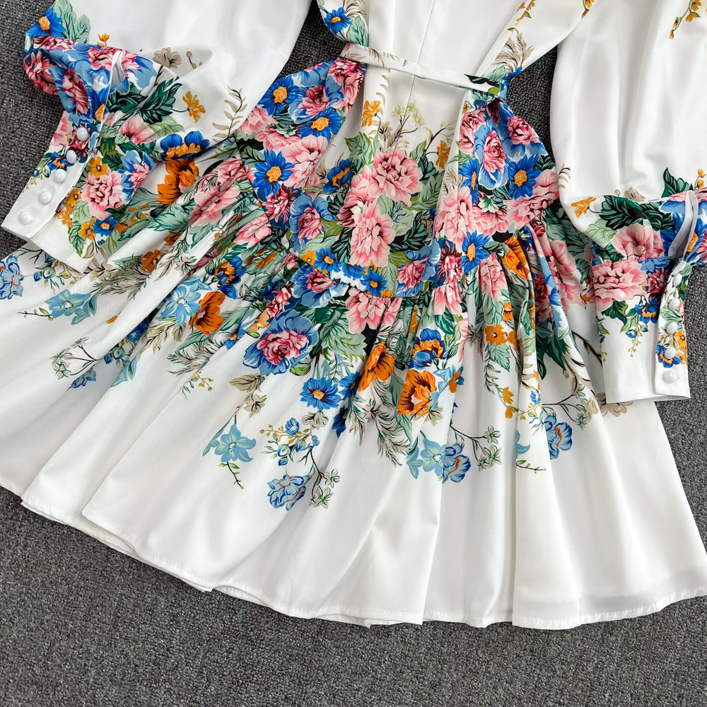 Cute A line floral pattern short dress white fashion dress     S237